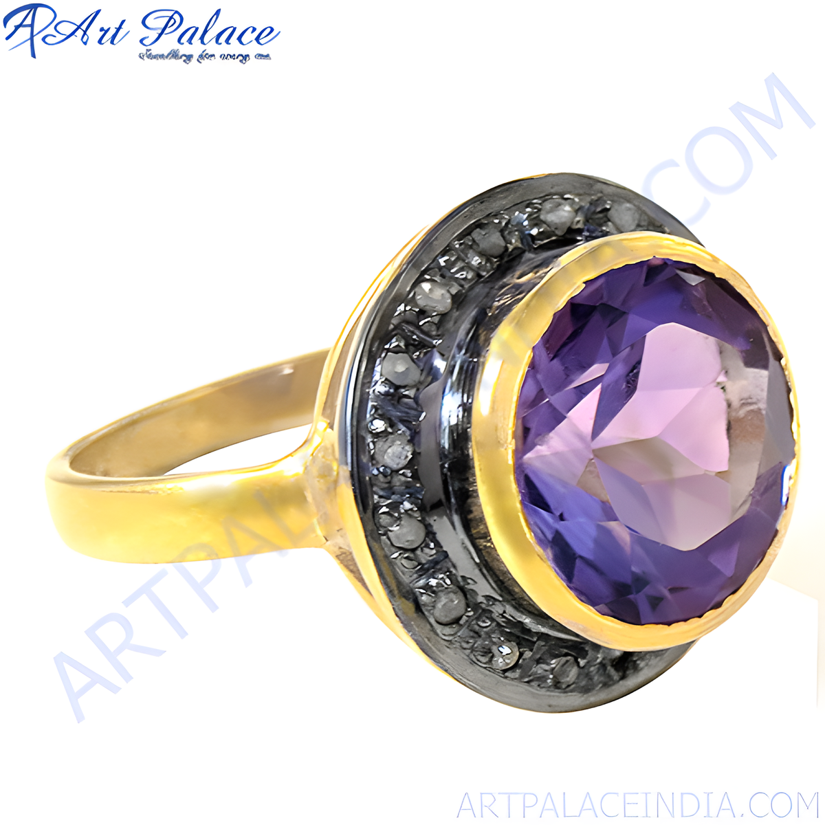 Oxidized silver ring with a large, round purple amethyst gemstone
