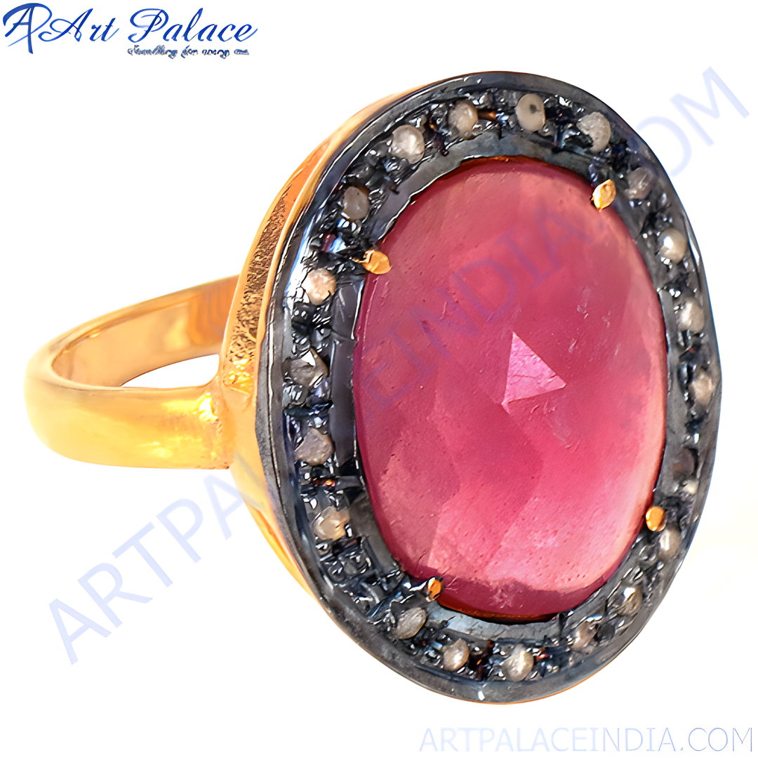 Gold finish ring featuring a large ruby gemstone surrounded by diamonds for women.