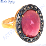 Load image into Gallery viewer, Gold finish ring featuring a large ruby gemstone surrounded by diamonds for women.
