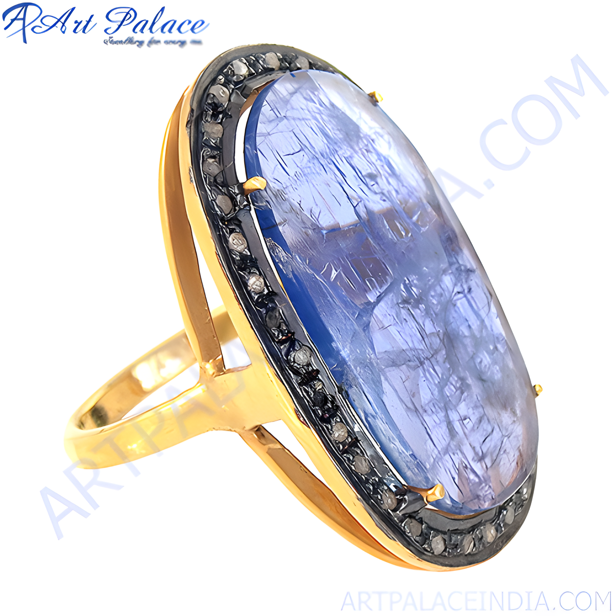 Gold plating oval ring with large blue gemstone and diamond accents, a beautiful statement piece of jewelry