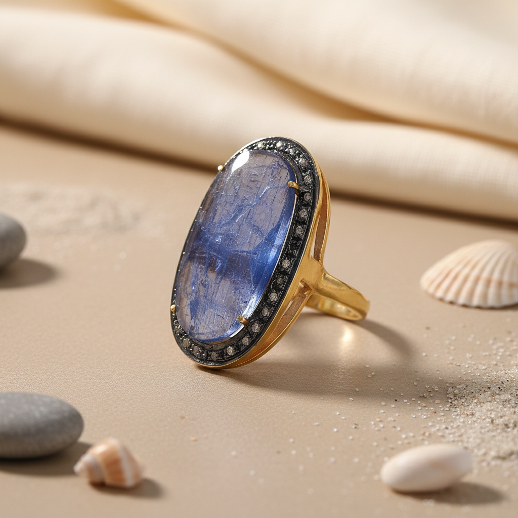 gold plating Oval Blue Gemstone Ring | Women's Fine Jewelry Gift