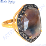 Load image into Gallery viewer, gold plating ring with a large brown gemstone and a diamond halo setting, perfect for women&#39;s fashion
