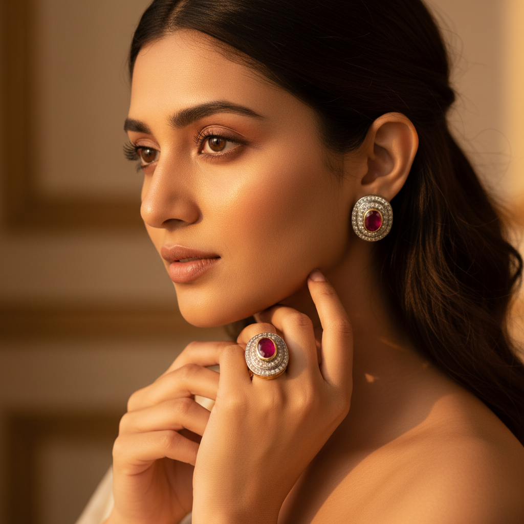 Gold Ruby Ring and Earrings Set for Women | Gift Jewelry