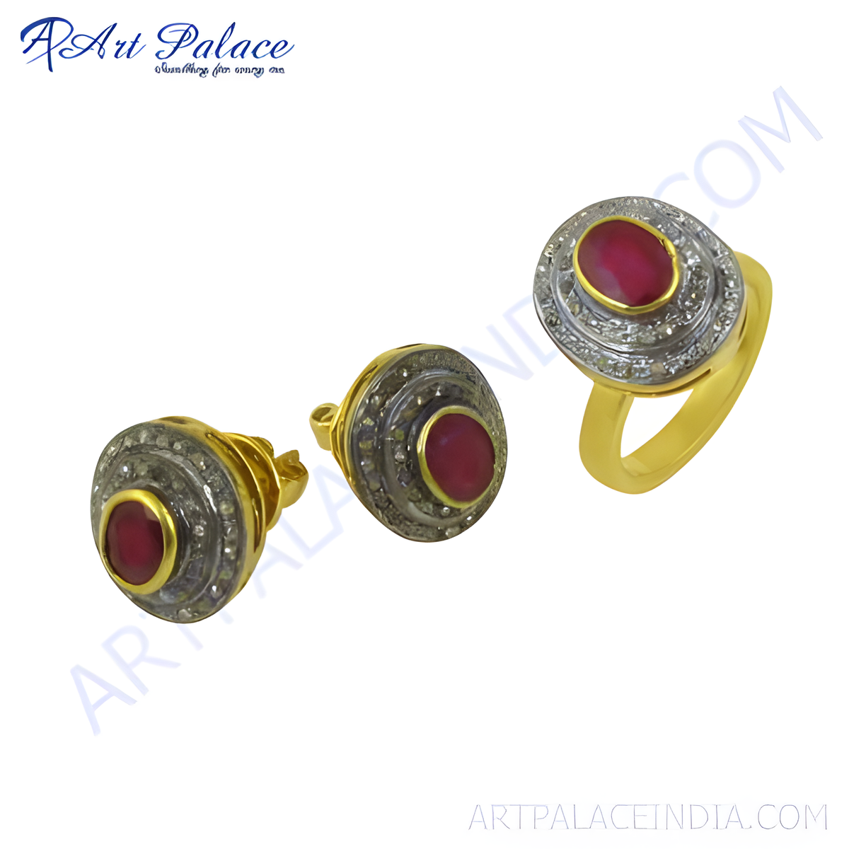 Gold ring and earrings set featuring oval ruby gemstones, perfect for any occasion