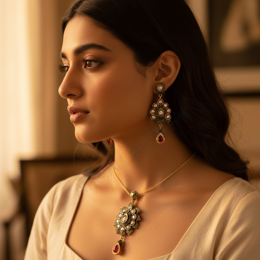 Gold Diamond Earrings Pendant Set | Women's Indian Jewelry