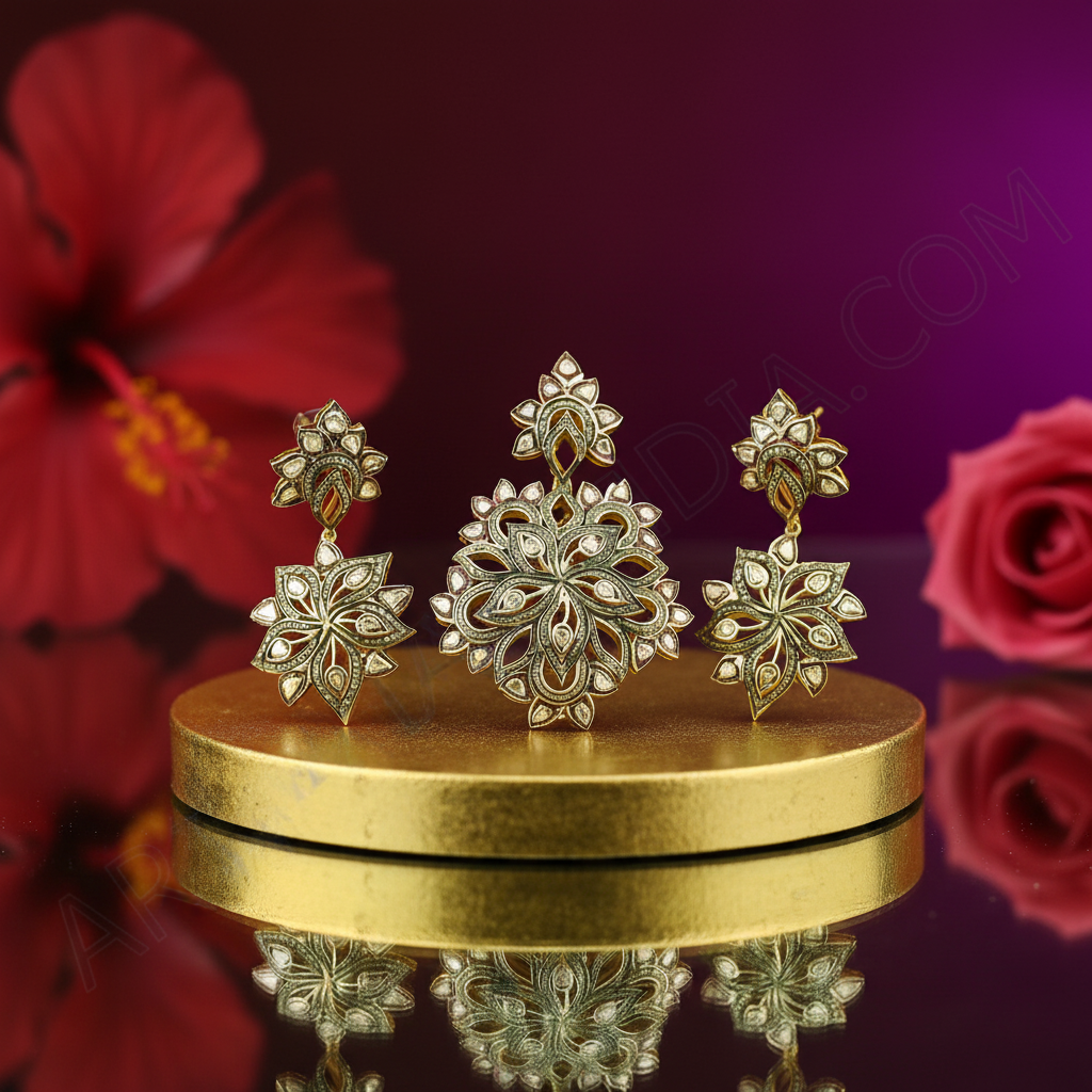 Floral diamond pendant set | antique gold finish jewelry