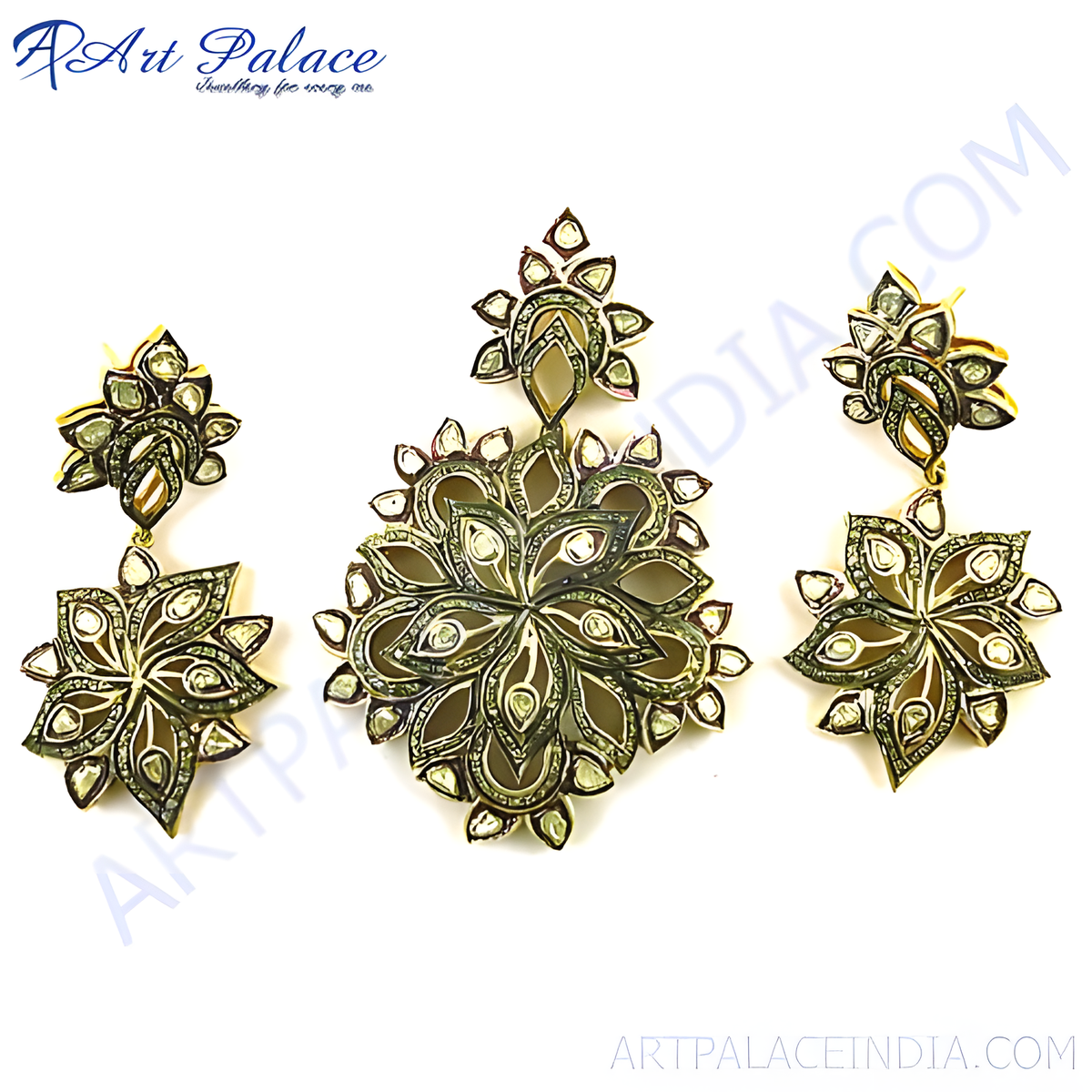 Antique gold finish floral diamond pendant set, featuring intricate details and a classic design, perfect for special occasions