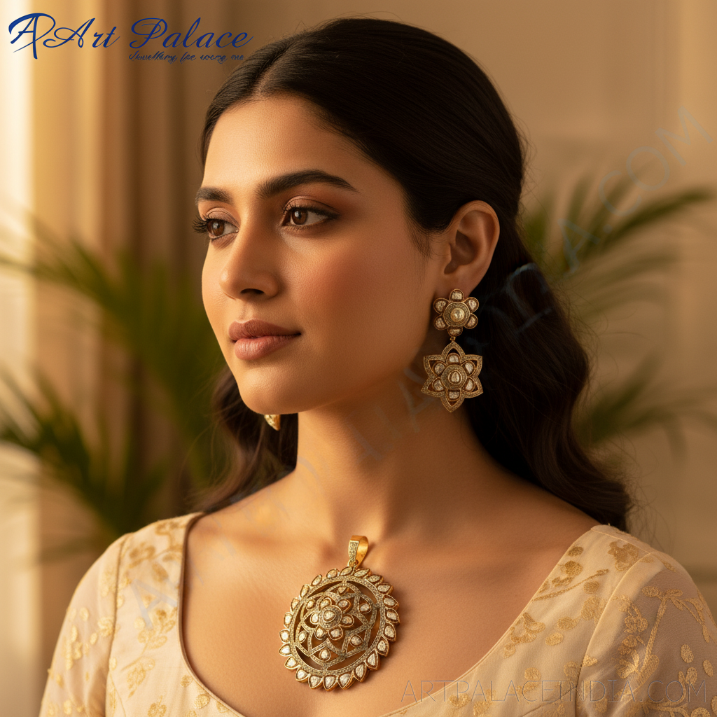 Gold Diamond Floral Pendant & Earrings Set for Women | Gift Jewelry