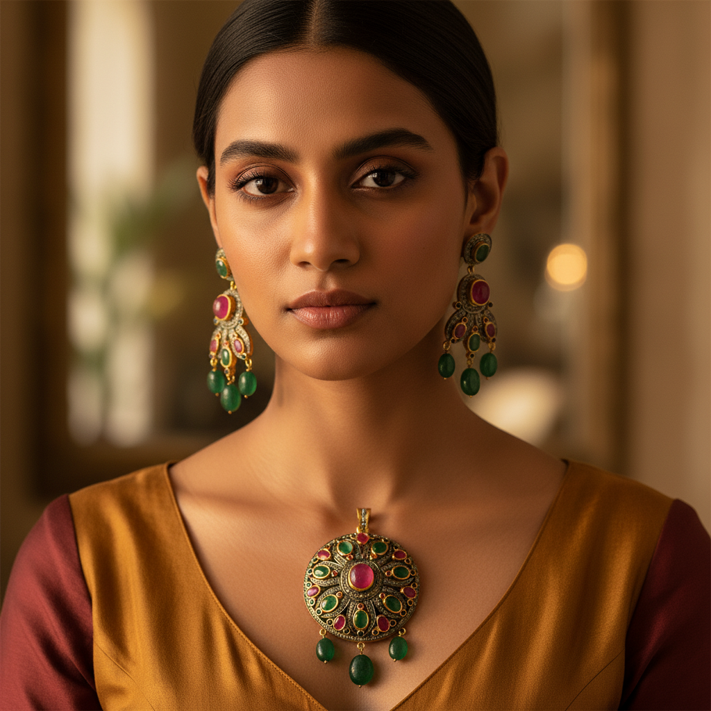 Emerald Ruby Pendant Earrings Set | Silver Dangle Set for Women