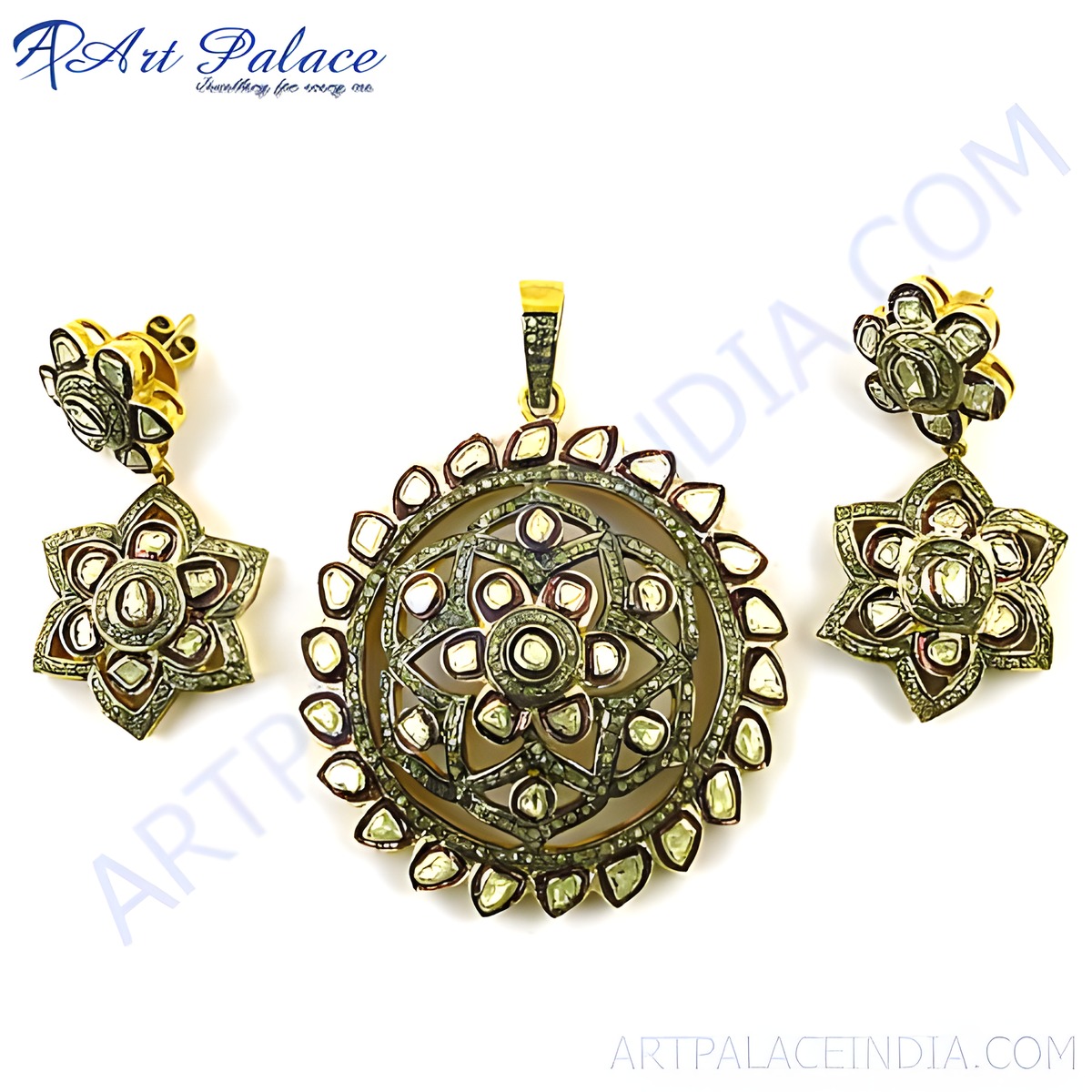 Gold floral pendant and earrings set with diamonds, a luxurious jewelry piece for women