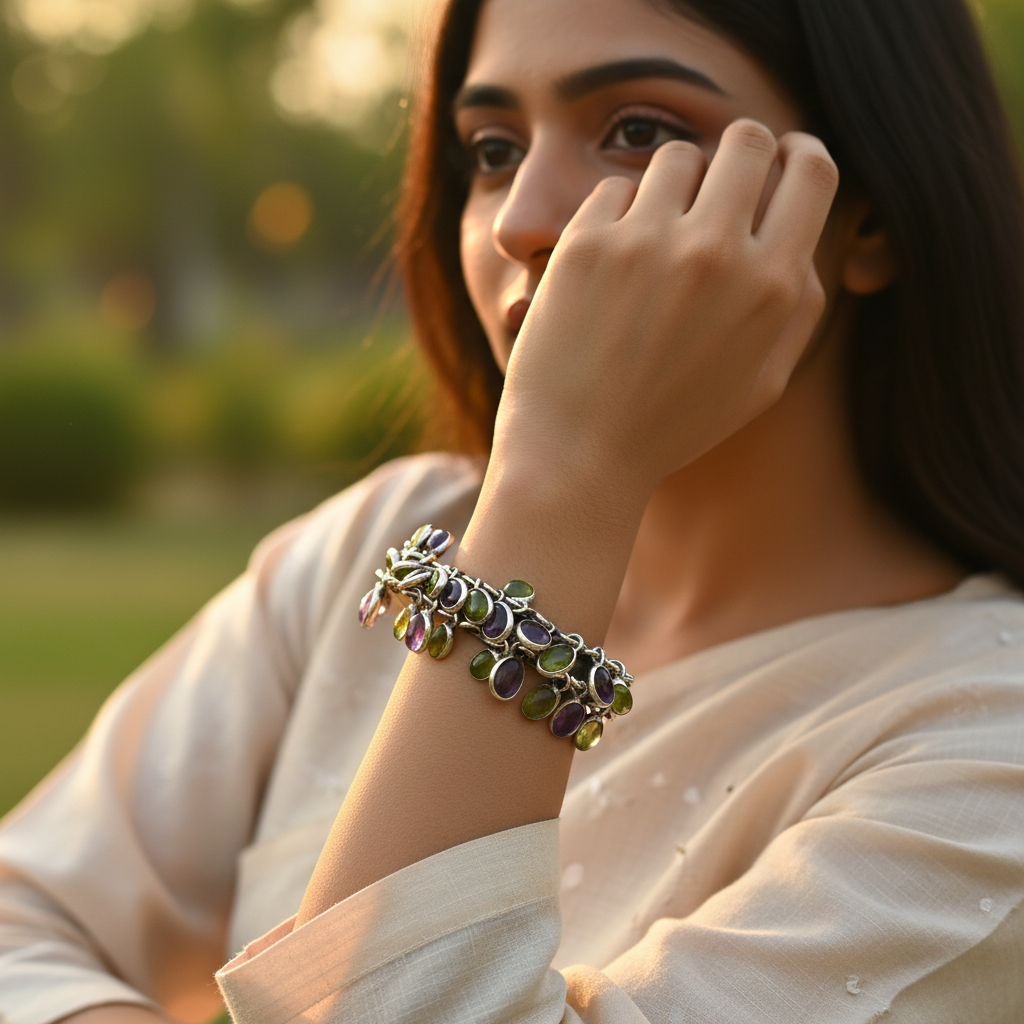 Pulsera de plata 925 con amatista y peridoto para mujer | Regalo