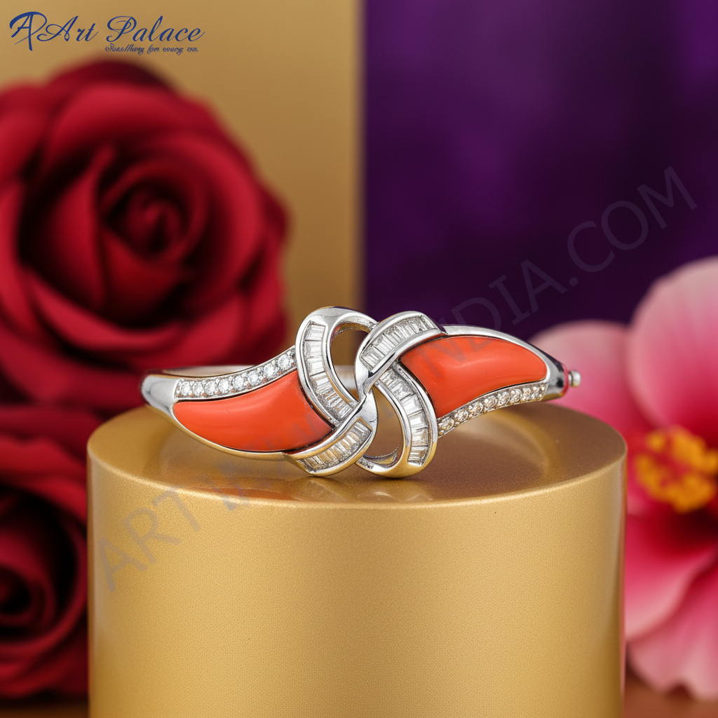 Silver Coral & Diamond Bangle Bracelet for Women | Luxury Jewelry