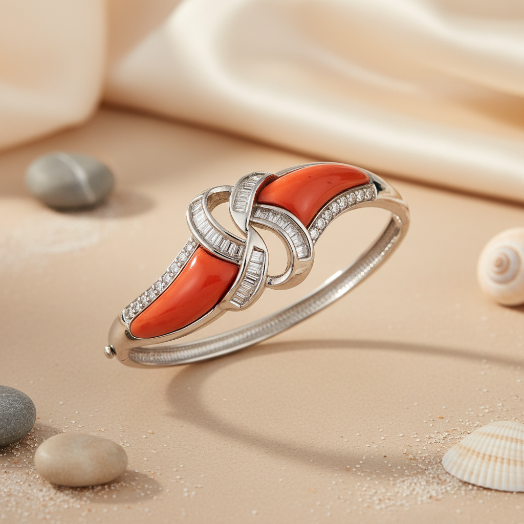 Silver Coral & Diamond Bangle Bracelet for Women | Luxury Jewelry