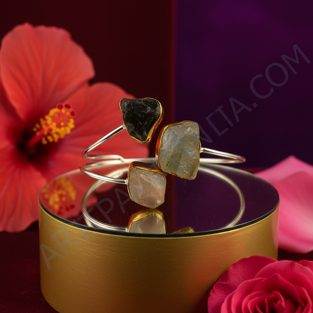 Raw stone cuff bracelet in gold finish for women | gemstone jewelry