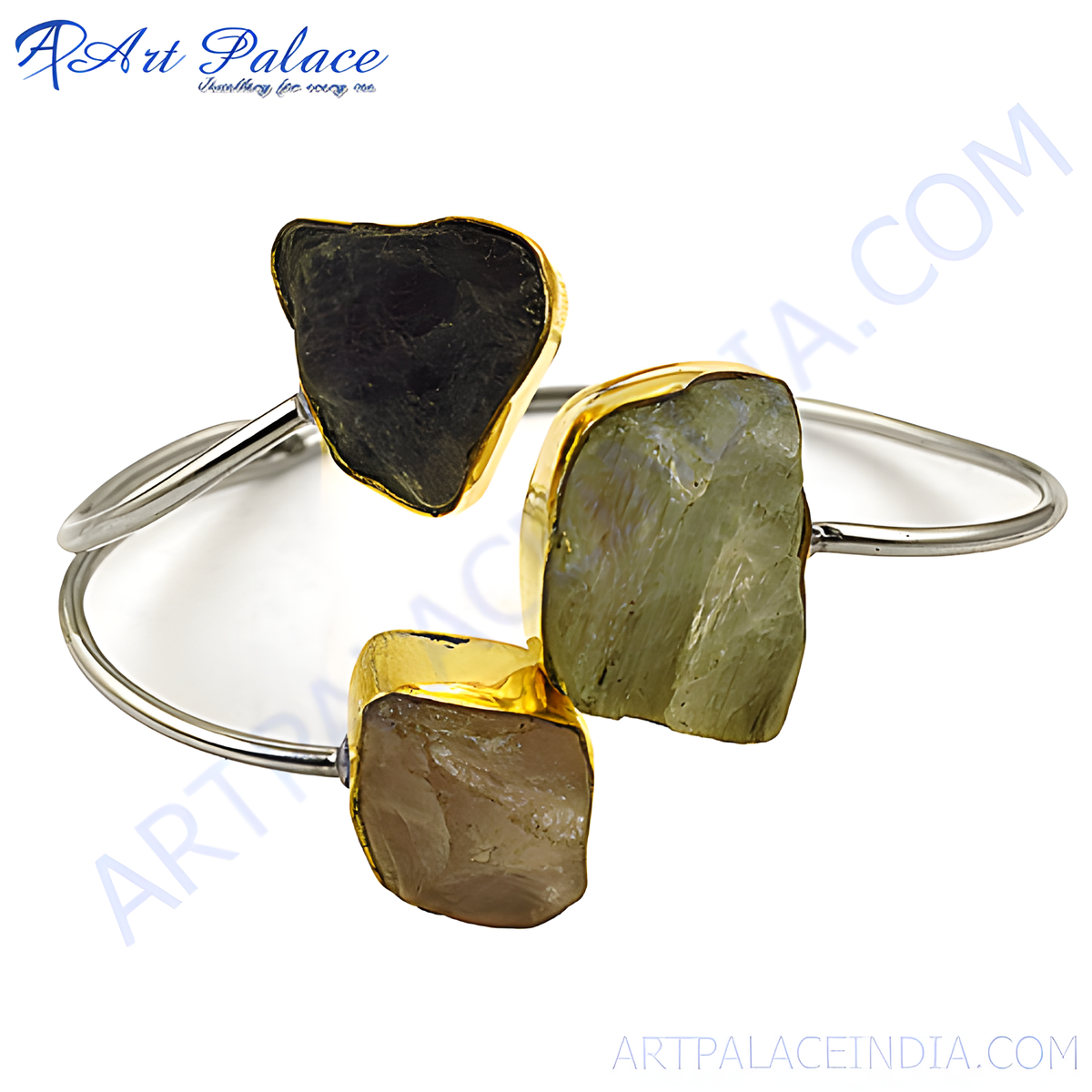 Gold finish cuff bracelet with three raw gemstones, featuring a unique, modern design