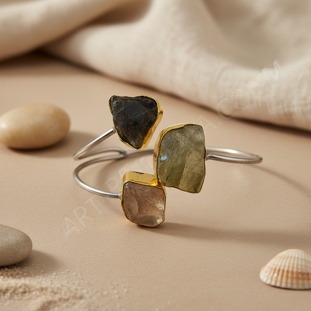 Raw Stone Cuff Bracelet in gold plating Finish for Women | Gemstone Jewelry