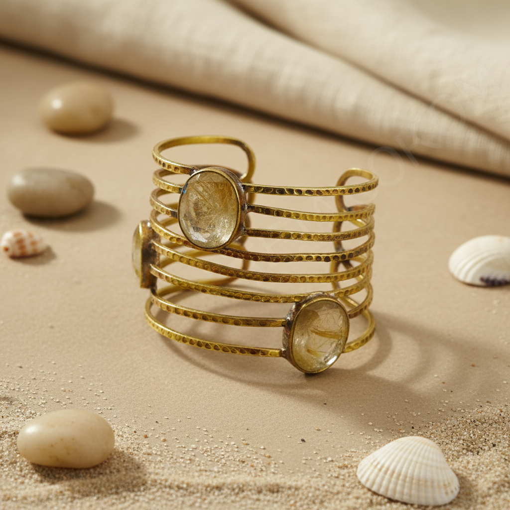gold plating Rutilated Quartz Cuff Bracelet for Women | Statement Jewelry