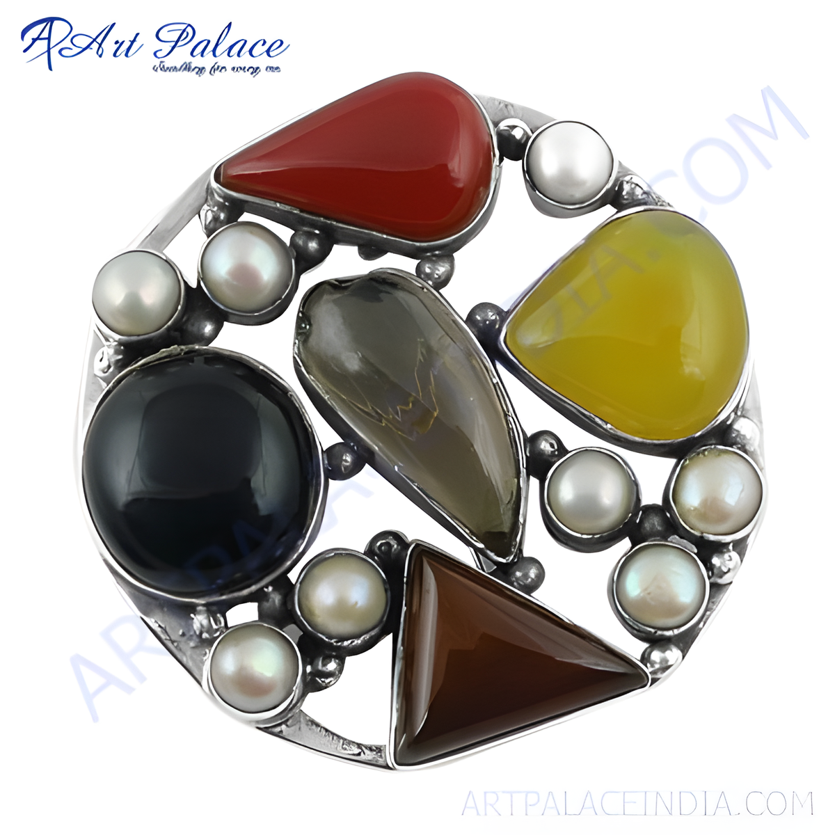 Sterling silver statement ring with multiple gemstones in red, black, yellow, and brown with white pearls