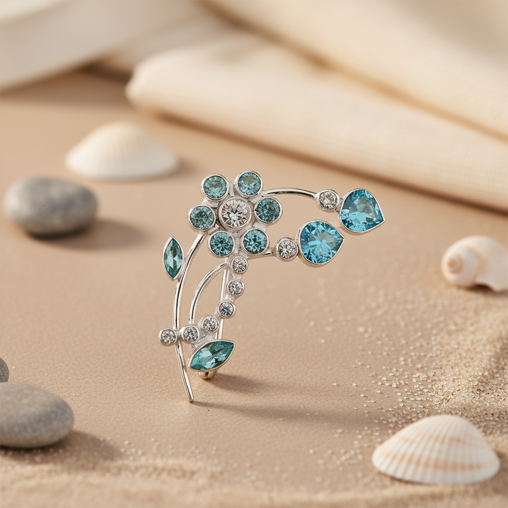 Silver Floral Brooch with Blue Gemstones | Women's Fashion Jewelry