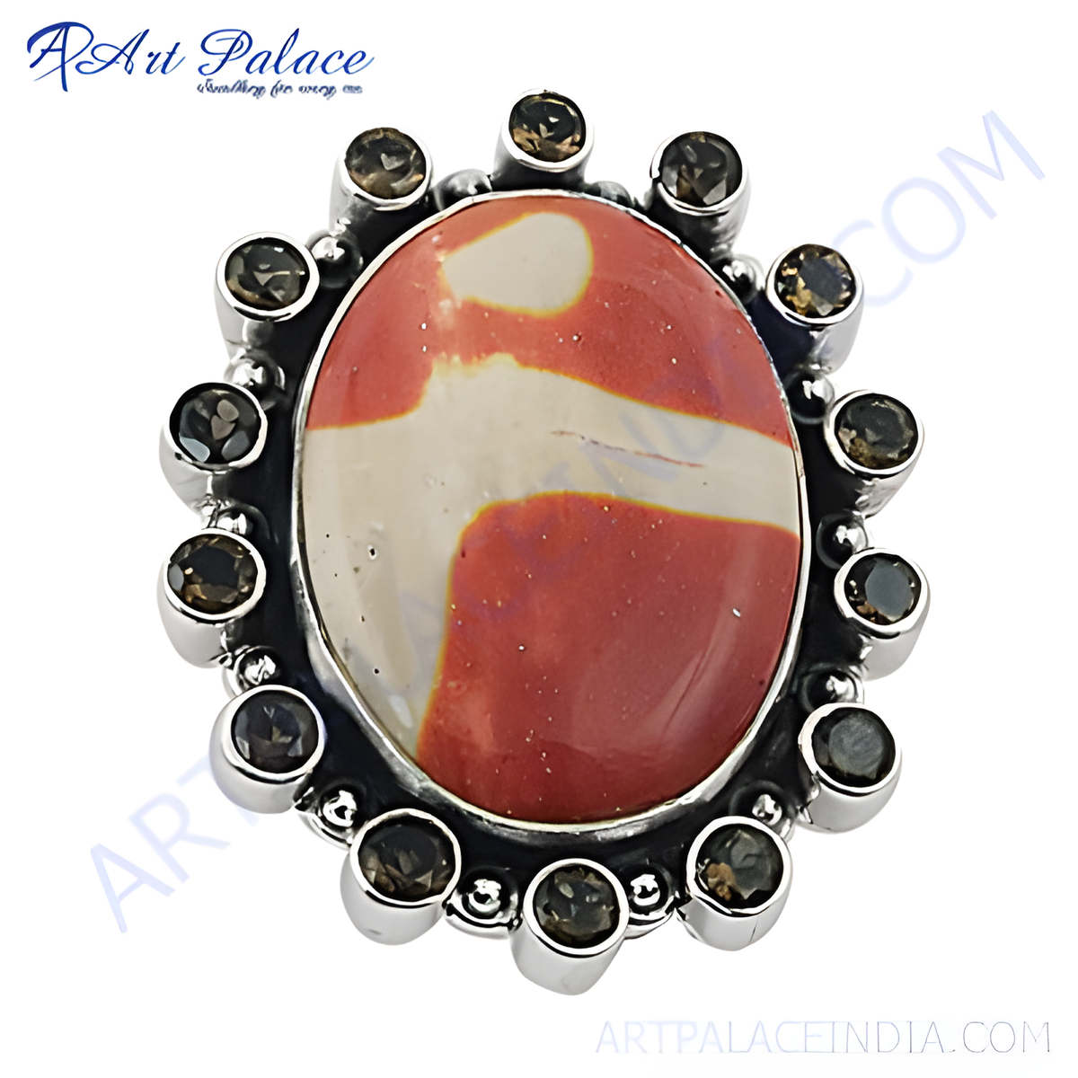 Sterling silver jasper gemstone ring featuring a red and cream jasper with surrounding brown gemstones
