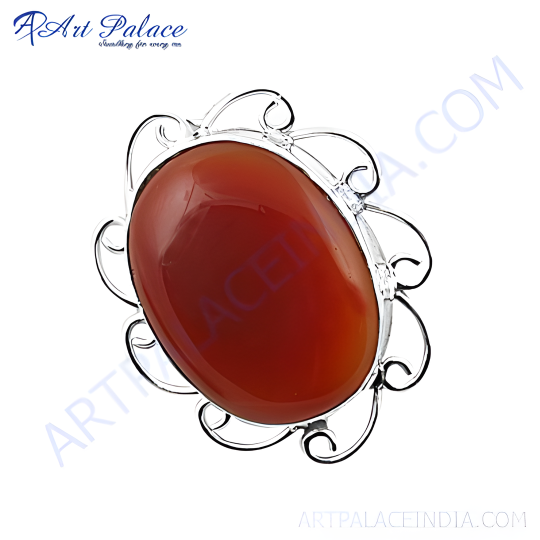 Sterling silver ring with a large oval-shaped, polished carnelian gemstone, perfect for women's jewelry.