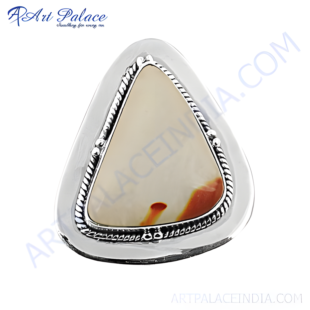 Sterling silver ring with a triangular jasper stone, displaying cream and brown color.