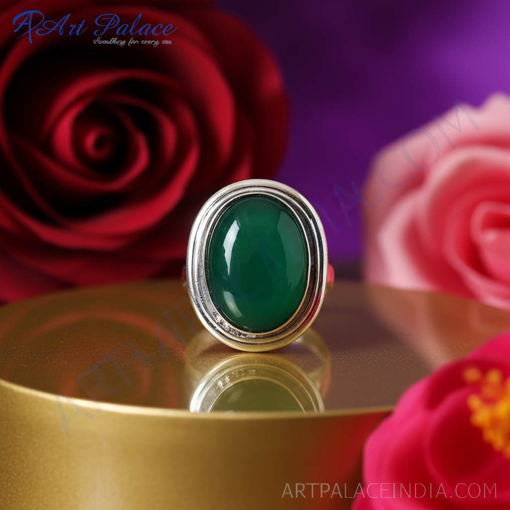 Silver Green Onyx Oval Ring for Women | Gemstone Jewelry