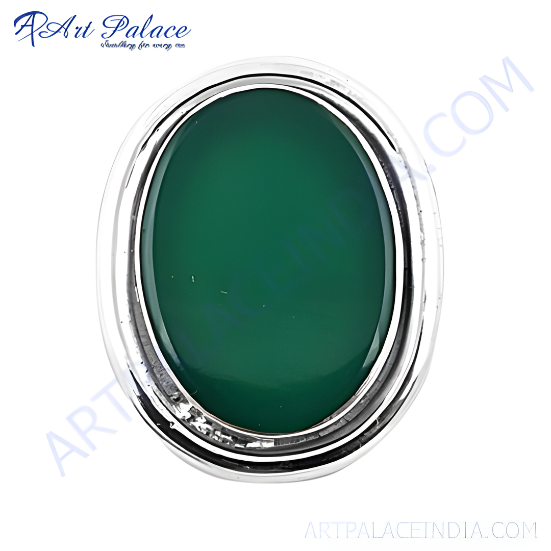 Sterling silver oval ring with a vibrant green onyx gemstone.