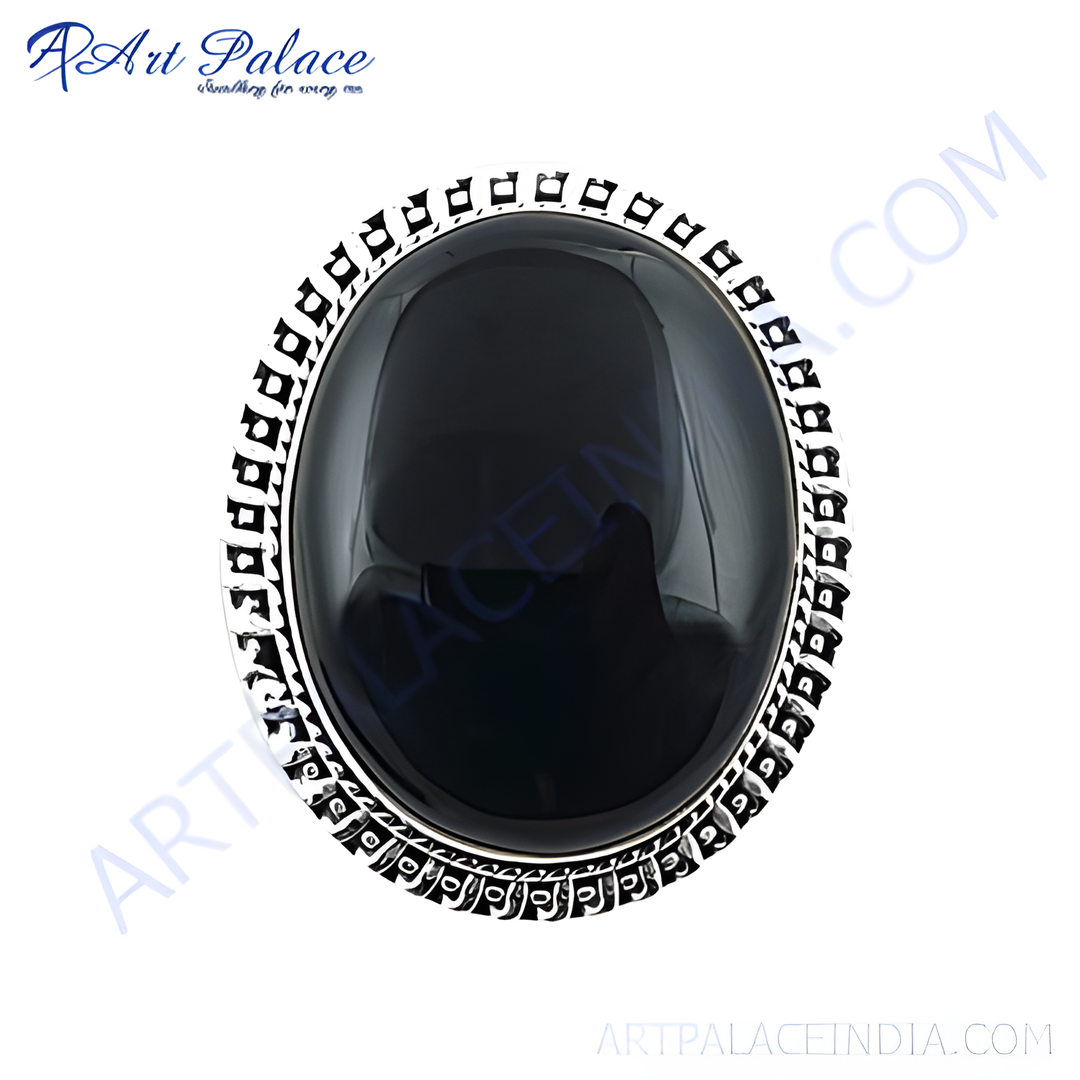 Sterling silver statement ring featuring a large oval black onyx gemstone center