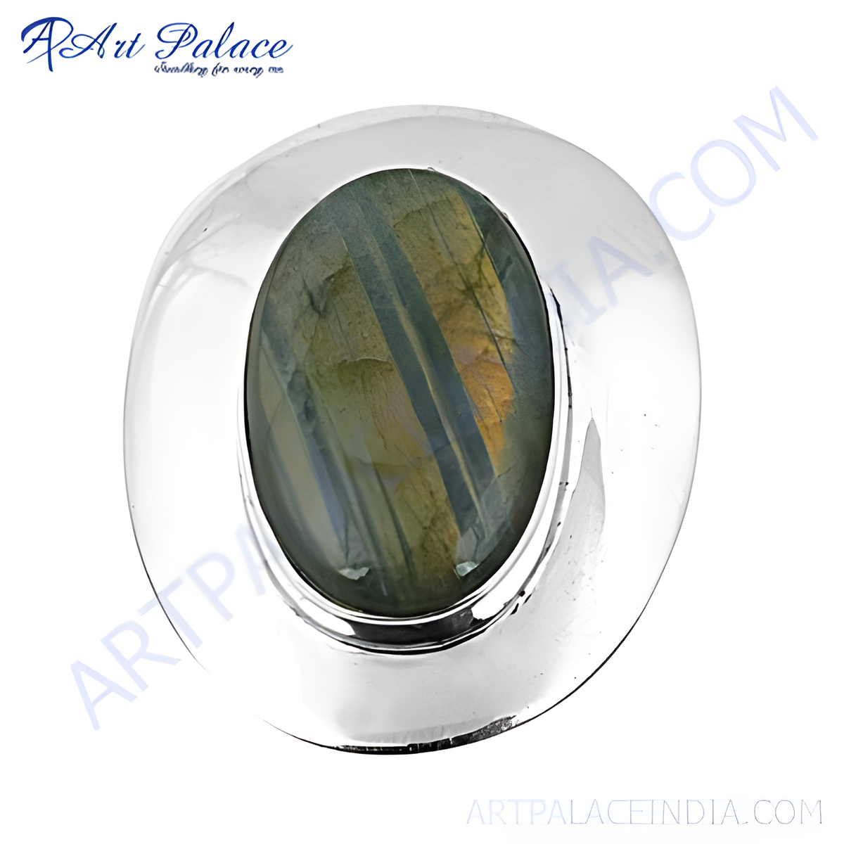 925 sterling silver oval ring with a natural labradorite gemstone center, showcasing blue and green hues