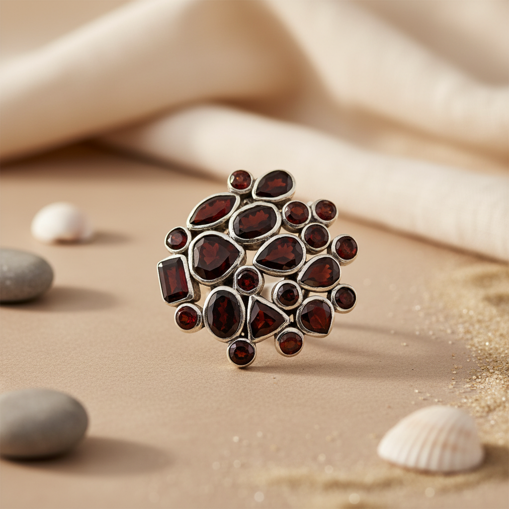Garnet Cluster Ring in 925 Silver for Women | Statement Jewelry