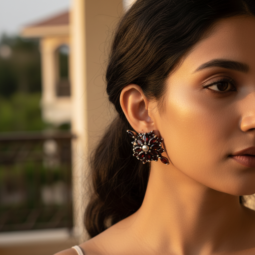 925 silver garnet flower earrings for women | daily wear