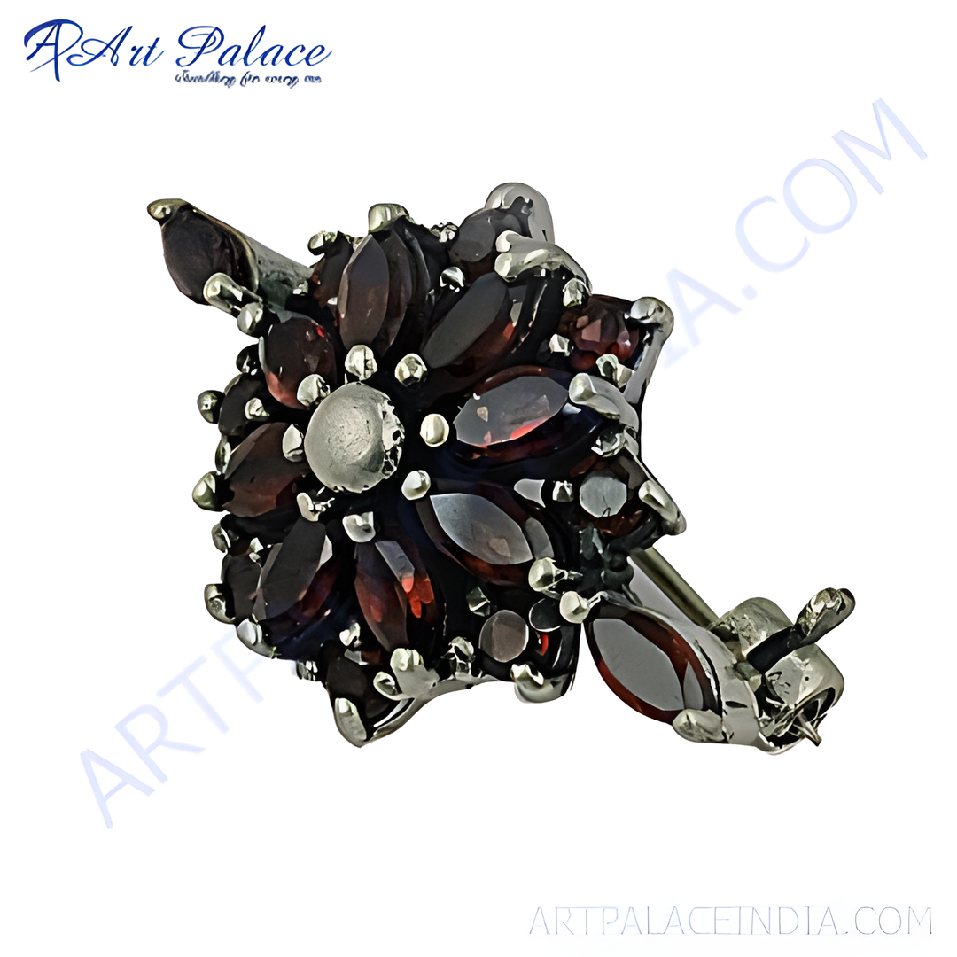 925 sterling silver stud earrings featuring a floral design with garnet gemstones and a silver accent.