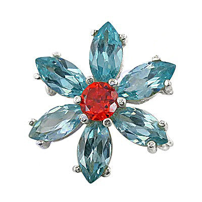 Silver Flower Ring with Red and Blue Gemstones | Women's Jewelry