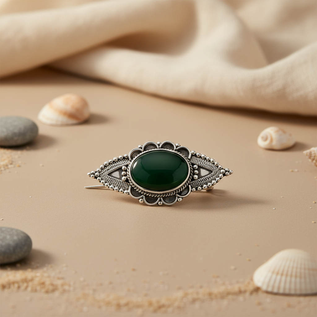 925 Silver Green Onyx Brooch Pin for Women | Statement Jewelry