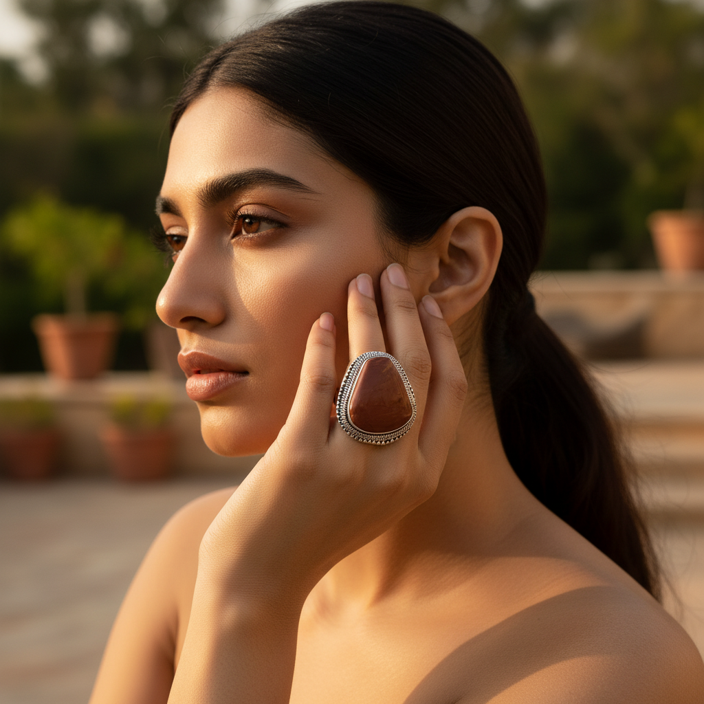 Silver red jasper ring for women | statement gemstone jewelry