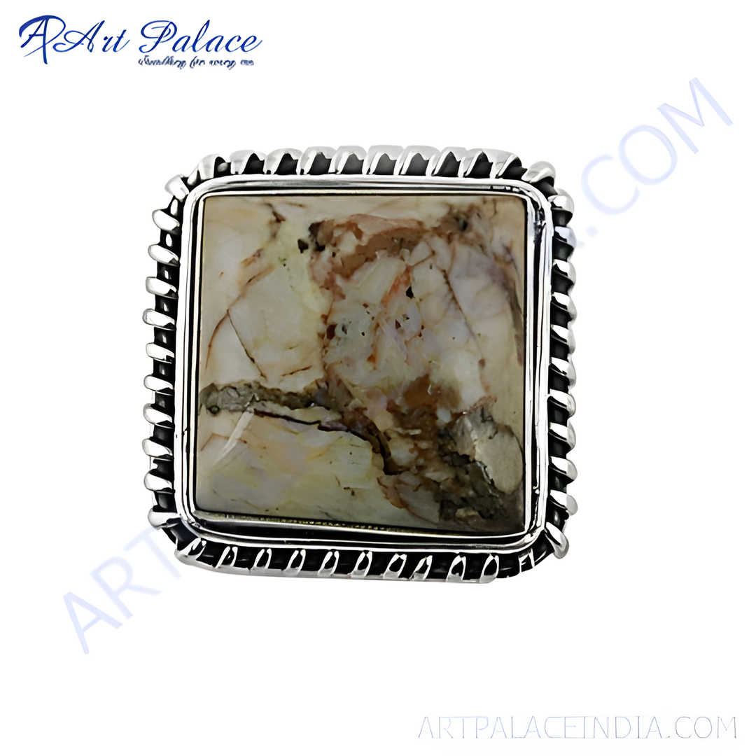 925 sterling silver ring with a square-cut Jasper stone in brown and cream colors.
