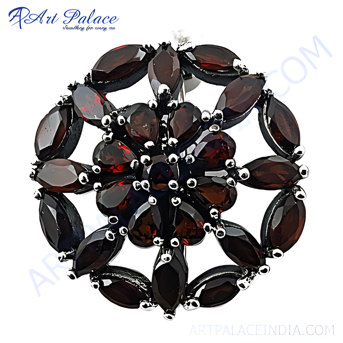 Sterling silver pendant with a floral arrangement of marquise cut garnet gemstones, showcasing a deep red color