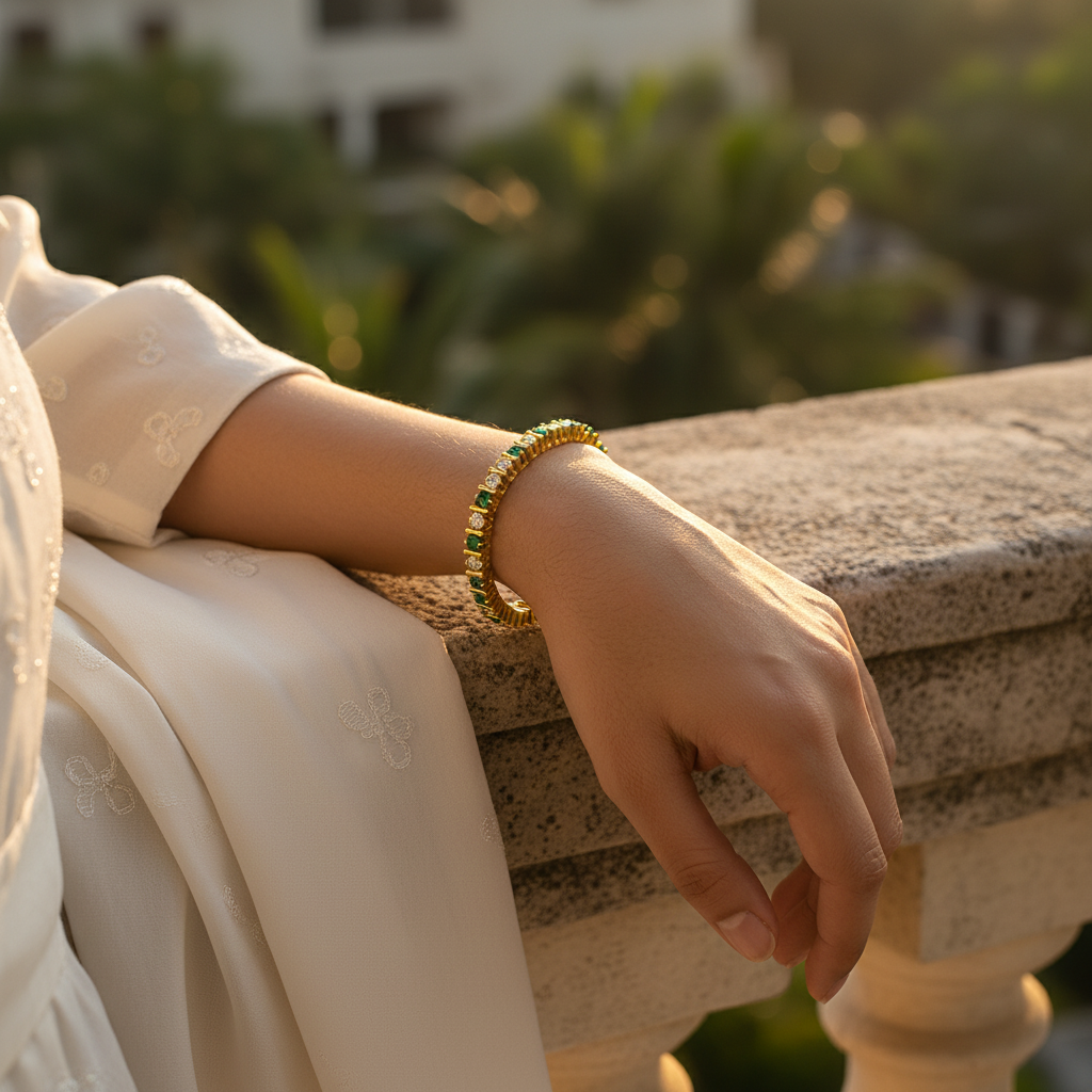 Pulsera de tenis con esmeralda y diamantes | Acabado dorado | Joyería para mujer