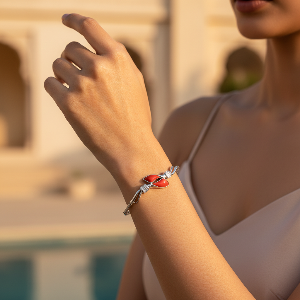 女士银色珊瑚手链 | 红宝石首饰