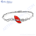 将图像加载到图库查看器中， Sterling silver bracelet featuring a red coral stone centerpiece. A stunning piece for women.
