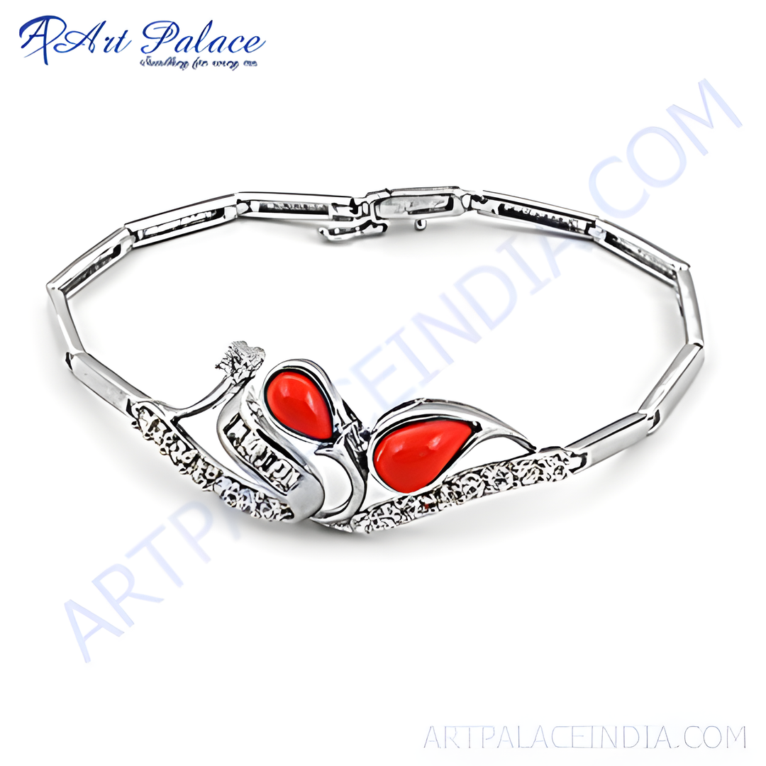 Silver bracelet with red coral gemstones. Elegant silver bracelet for women, perfect for gifting.