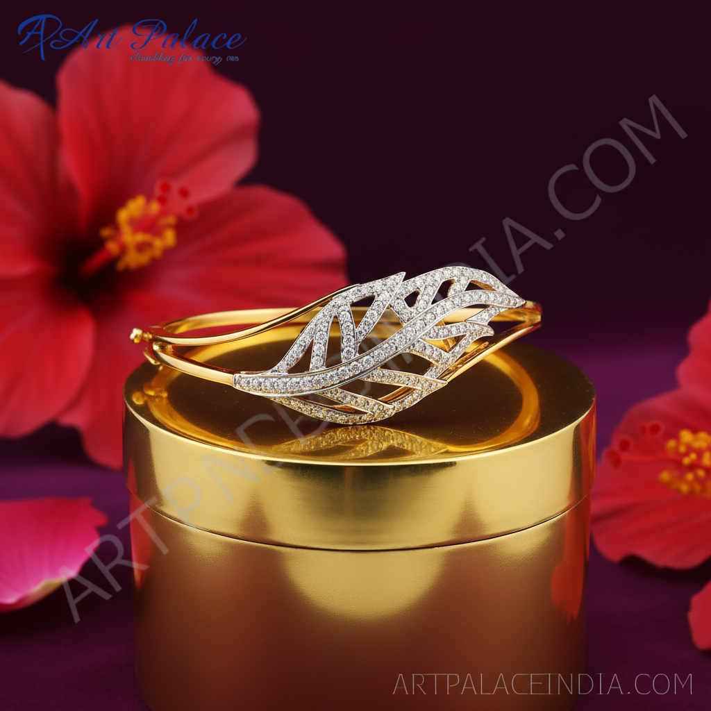 Gold leaf bangle bracelet with cz | women's fashion jewelry