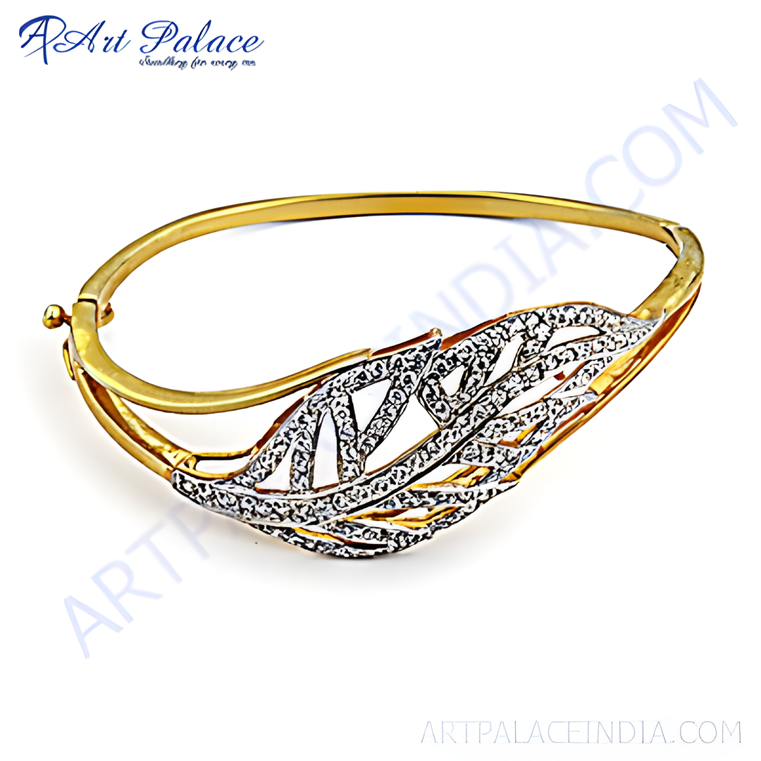 gold plating leaf bangle bracelet with sparkling cubic zirconia stones, perfect for women's fashion jewelry.