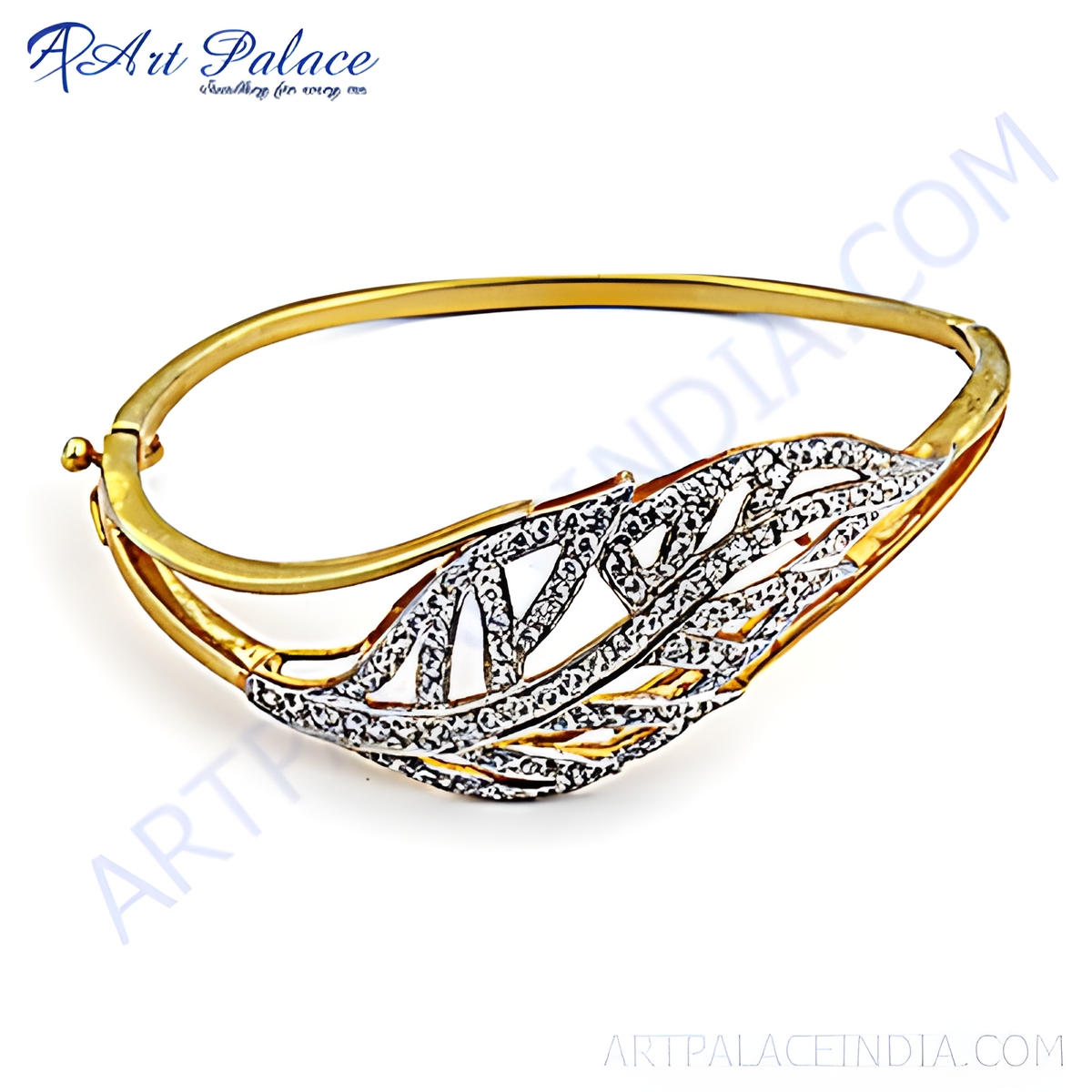 Gold leaf bangle bracelet with sparkling cubic zirconia stones, perfect for women's fashion jewelry