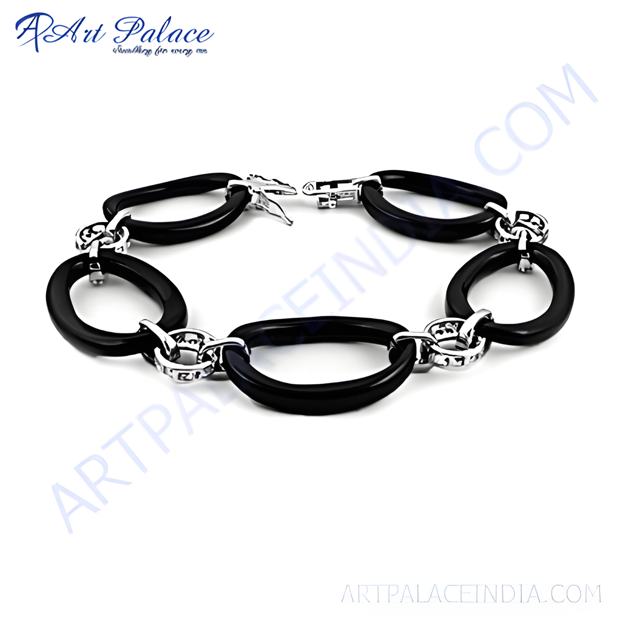 Silver and black oval link bracelet with polished black links and silver connectors