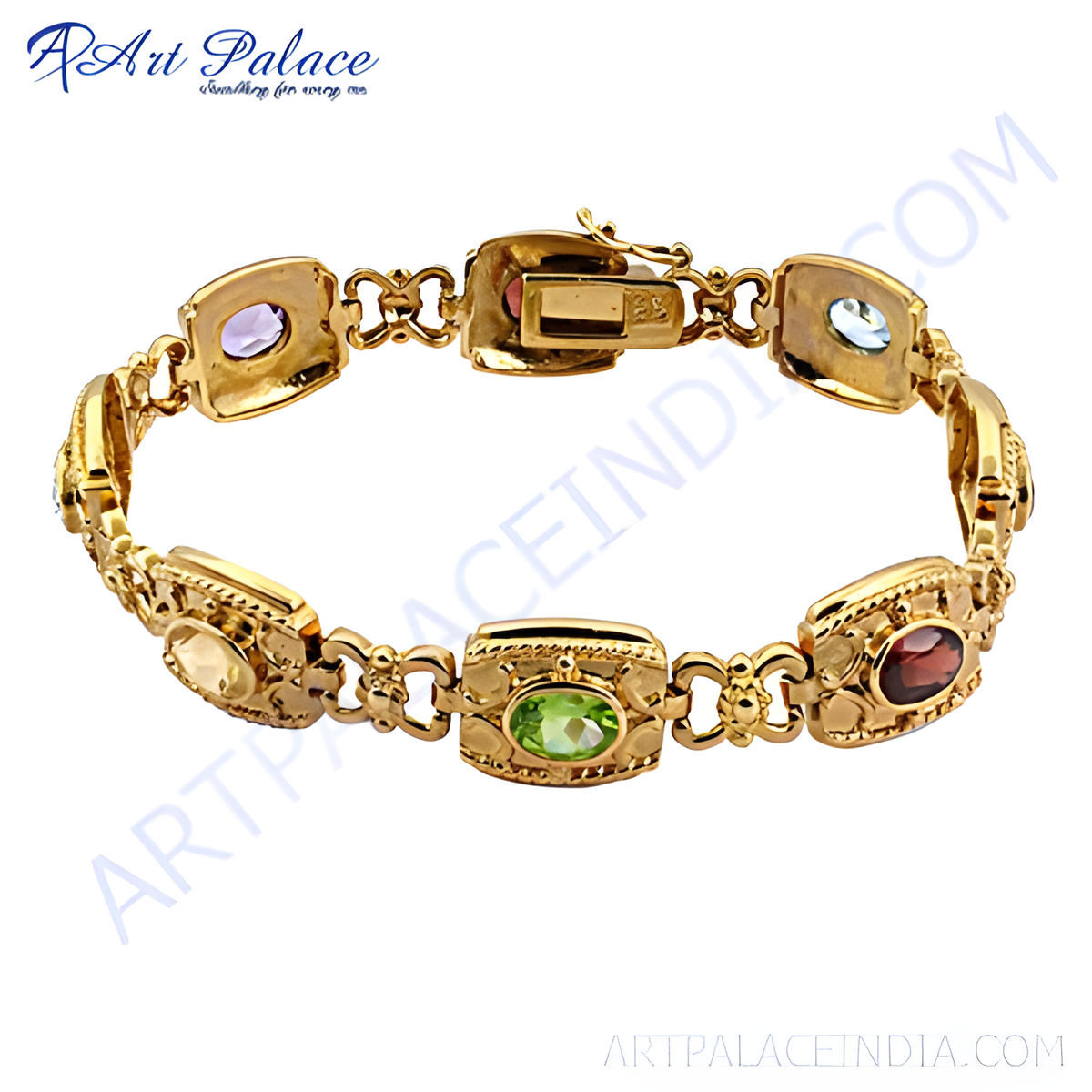 Gold gemstone bracelet with colorful gemstones in a gold setting