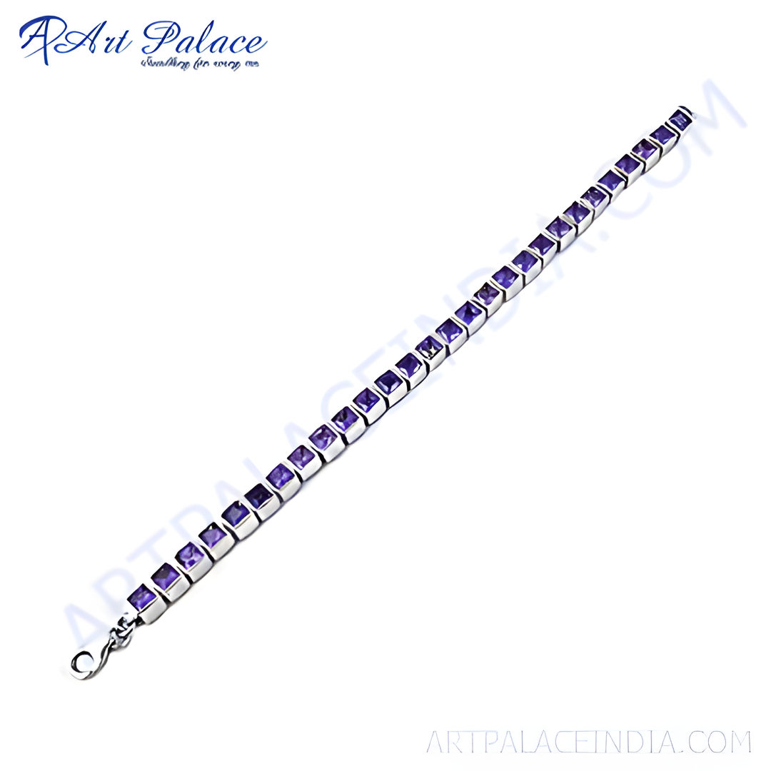 Sterling silver chain bracelet with square cut purple amethyst gemstones.