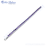 Load image into Gallery viewer, Sterling silver chain bracelet with square cut purple amethyst gemstones.
