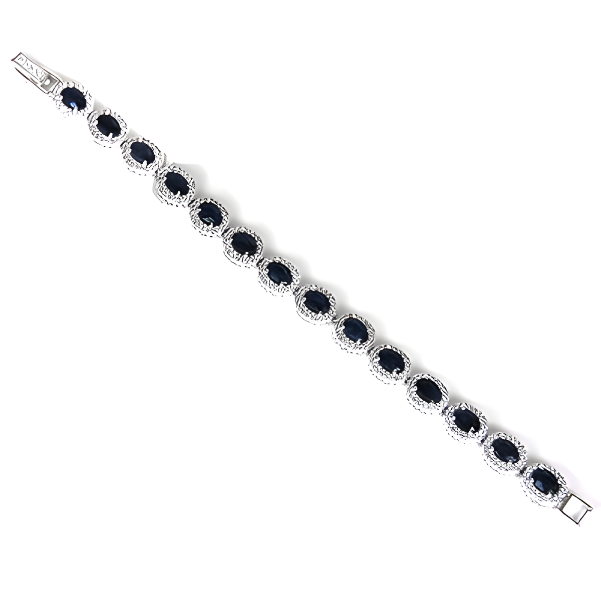 Silver sapphire bracelet with oval cut blue gemstones on a white background